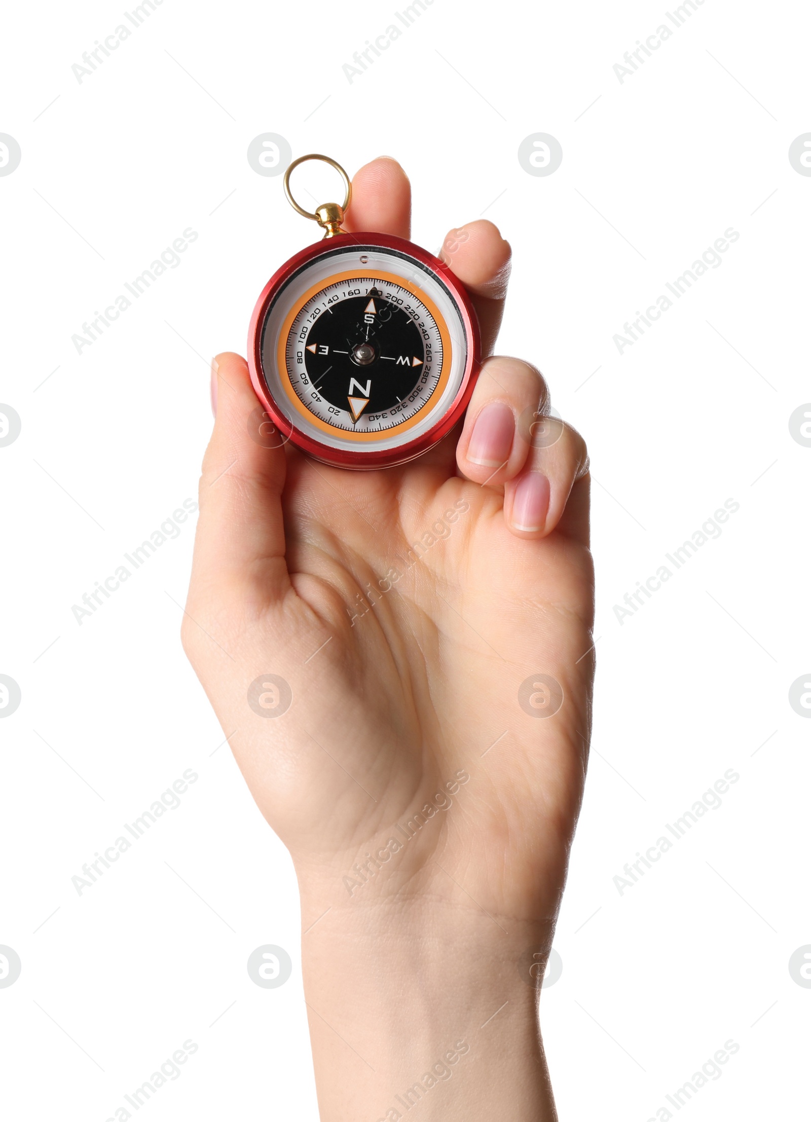 Photo of Woman holding compass on white background, closeup