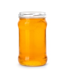 Photo of Jar with delicious honey on white background