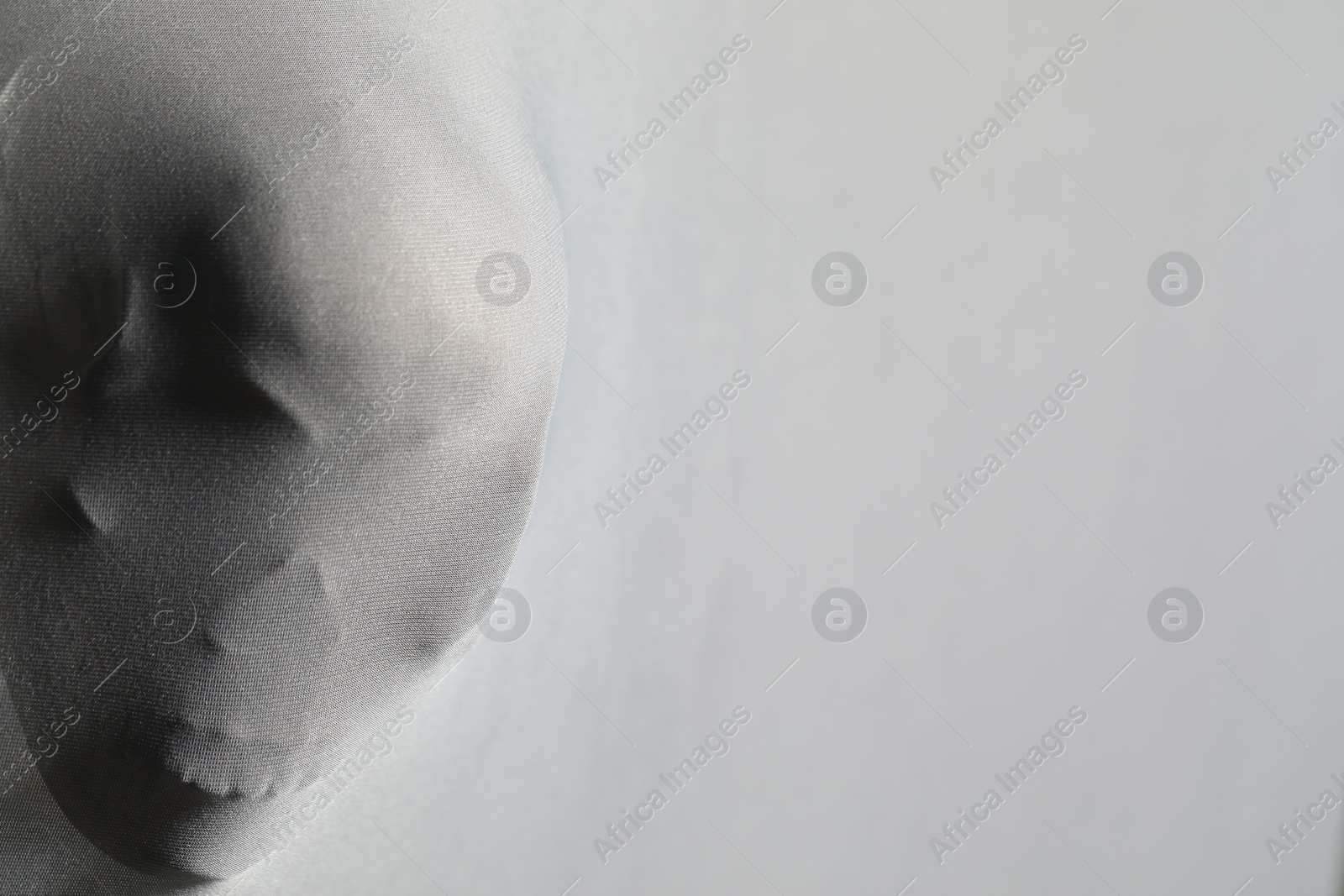 Photo of Silhouette of creepy ghost with skull behind cloth, space for text