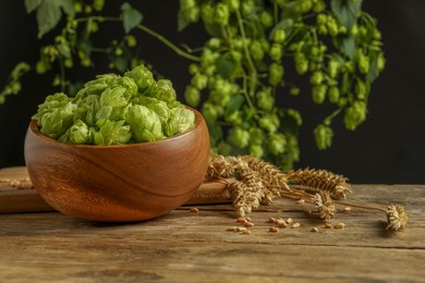 Photo of Fresh green hops, wheat grains and spikes on wooden table, space for text