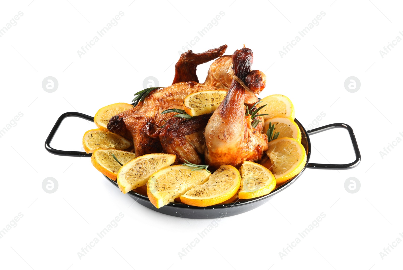 Photo of Chicken with orange slices in baking pan isolated on white