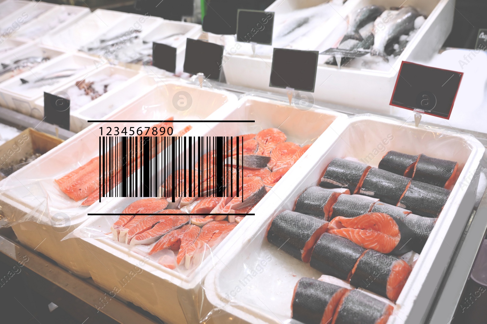 Image of Barcode and fresh fish on display with ice at wholesale market