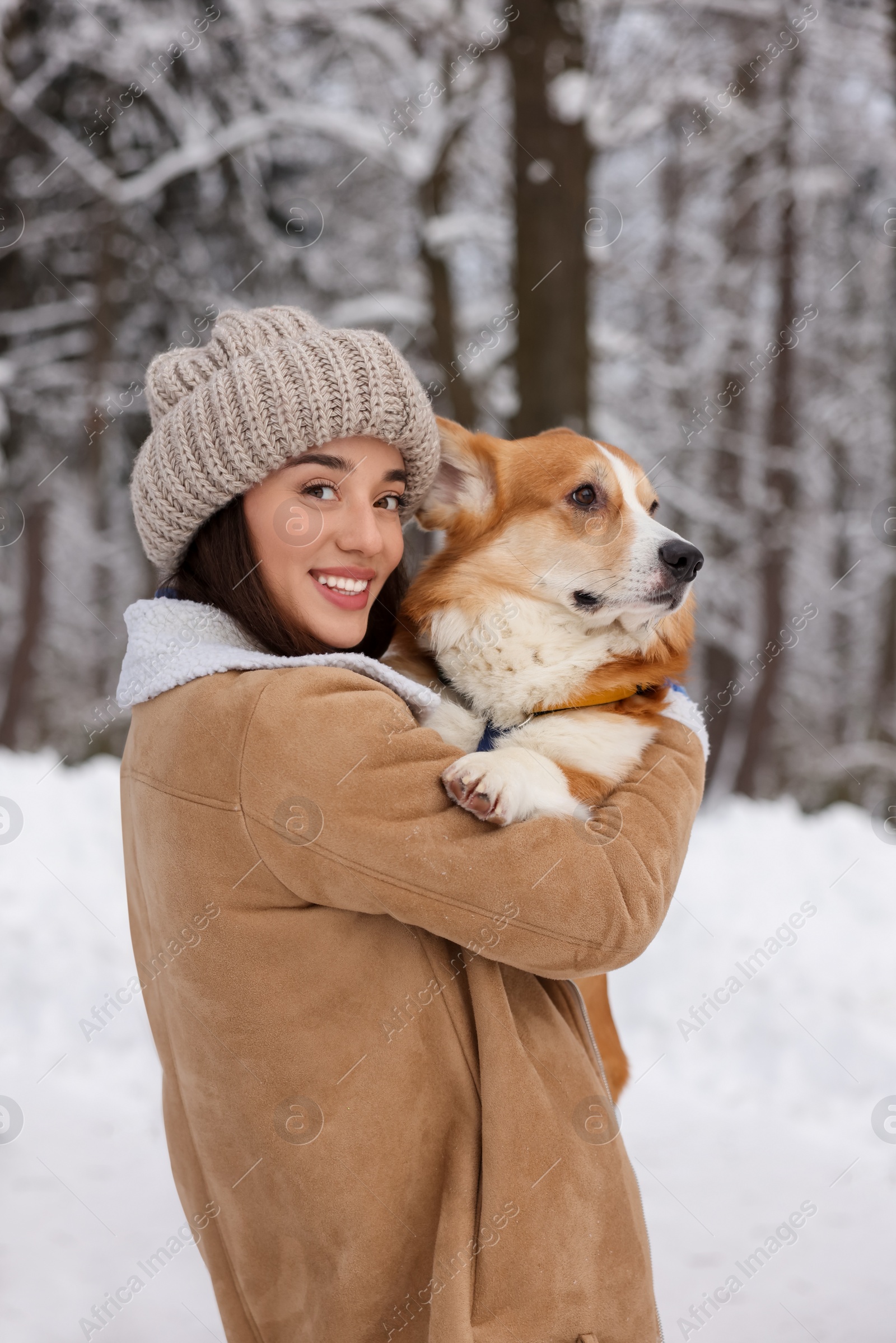 Photo of Woman with adorable Pembroke Welsh Corgi dog in snowy park