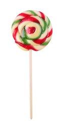 Photo of Colorful lollipop isolated on white, top view