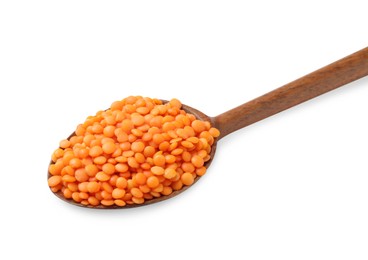 Photo of Wooden spoon with raw lentils isolated on white