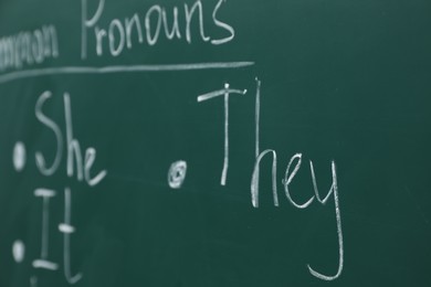 English grammar rules written with chalk on green board, closeup