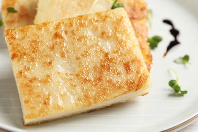 Delicious turnip cake on plate, closeup view