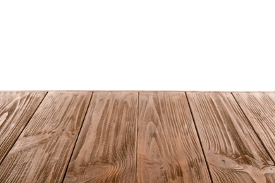 Empty wooden table surface on white background