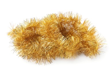 Photo of Beautiful shiny golden tinsel isolated on white