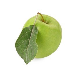 Photo of One ripe green apple with leaf isolated on white