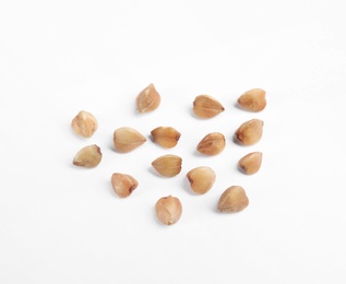 Uncooked buckwheat on white background. Healthy diet