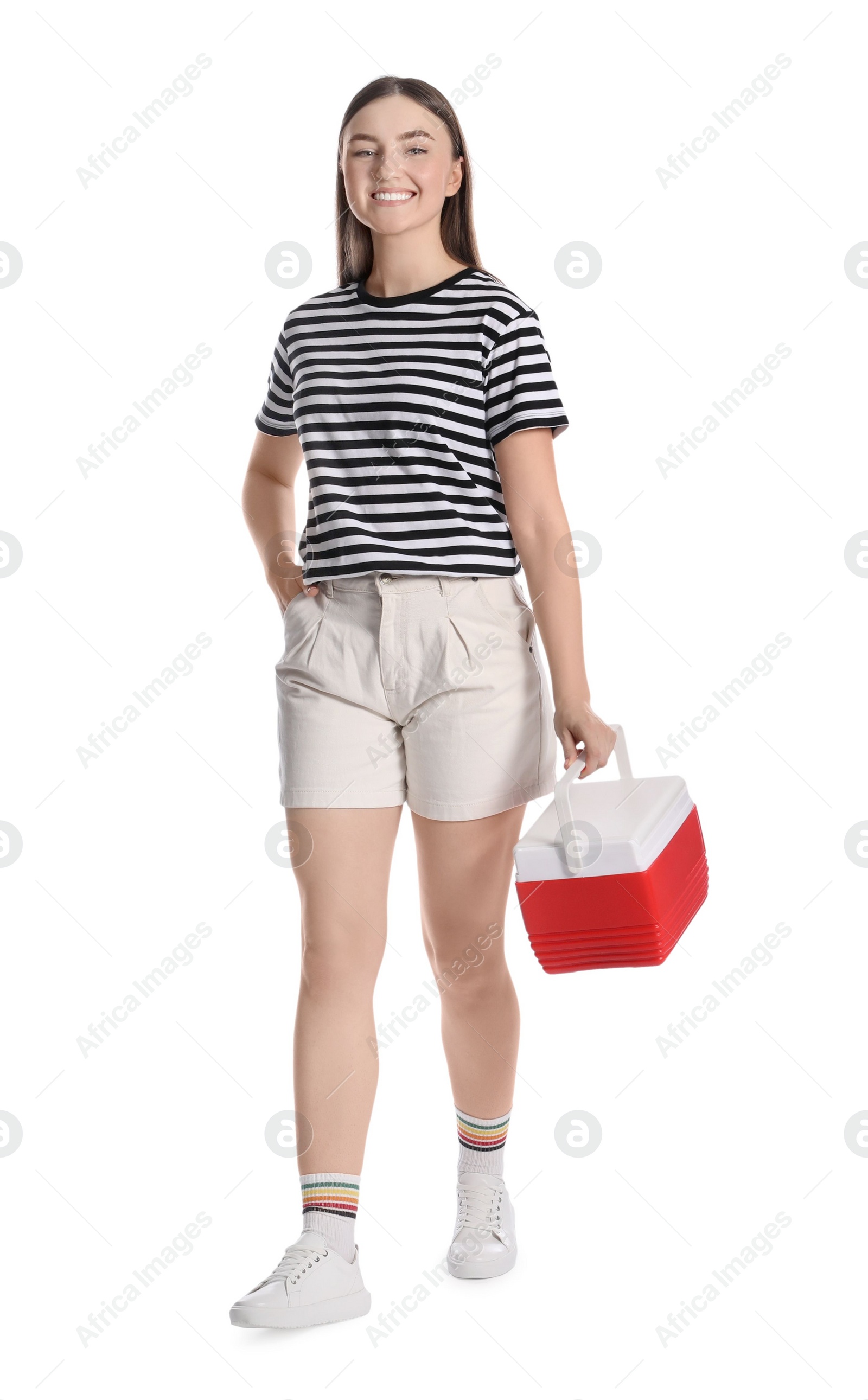 Photo of Happy young woman with plastic cool box isolated on white