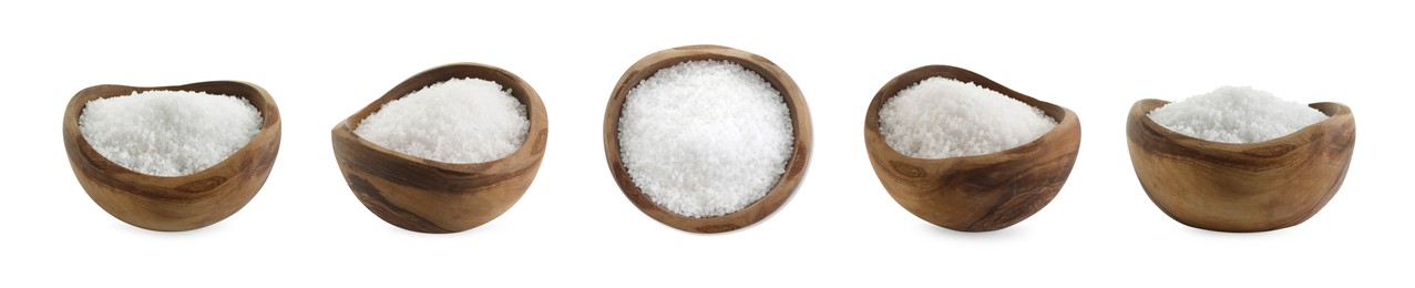 Image of Set of natural salt in bowl isolated on white, side and top views