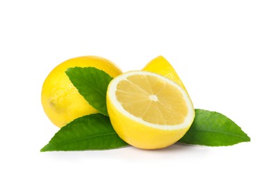 Photo of Fresh ripe juicy lemons with leaves on white background