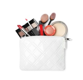 Photo of Stylish cosmetic bag with makeup products on white background, top view