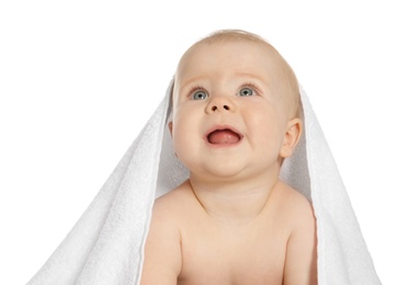 Photo of Cute little baby with soft towel on white background