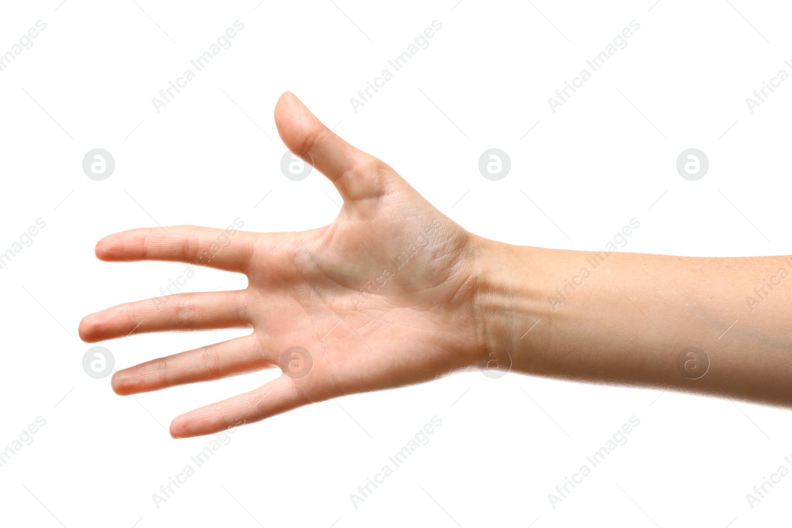 Photo of Young woman reaching hand for shake on white background, closeup