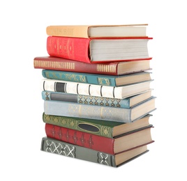 Stack of hardcover books on white background