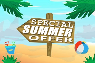 Special summer offer flyer design. Wooden sign with text, beach ball and toys on sand, illustration