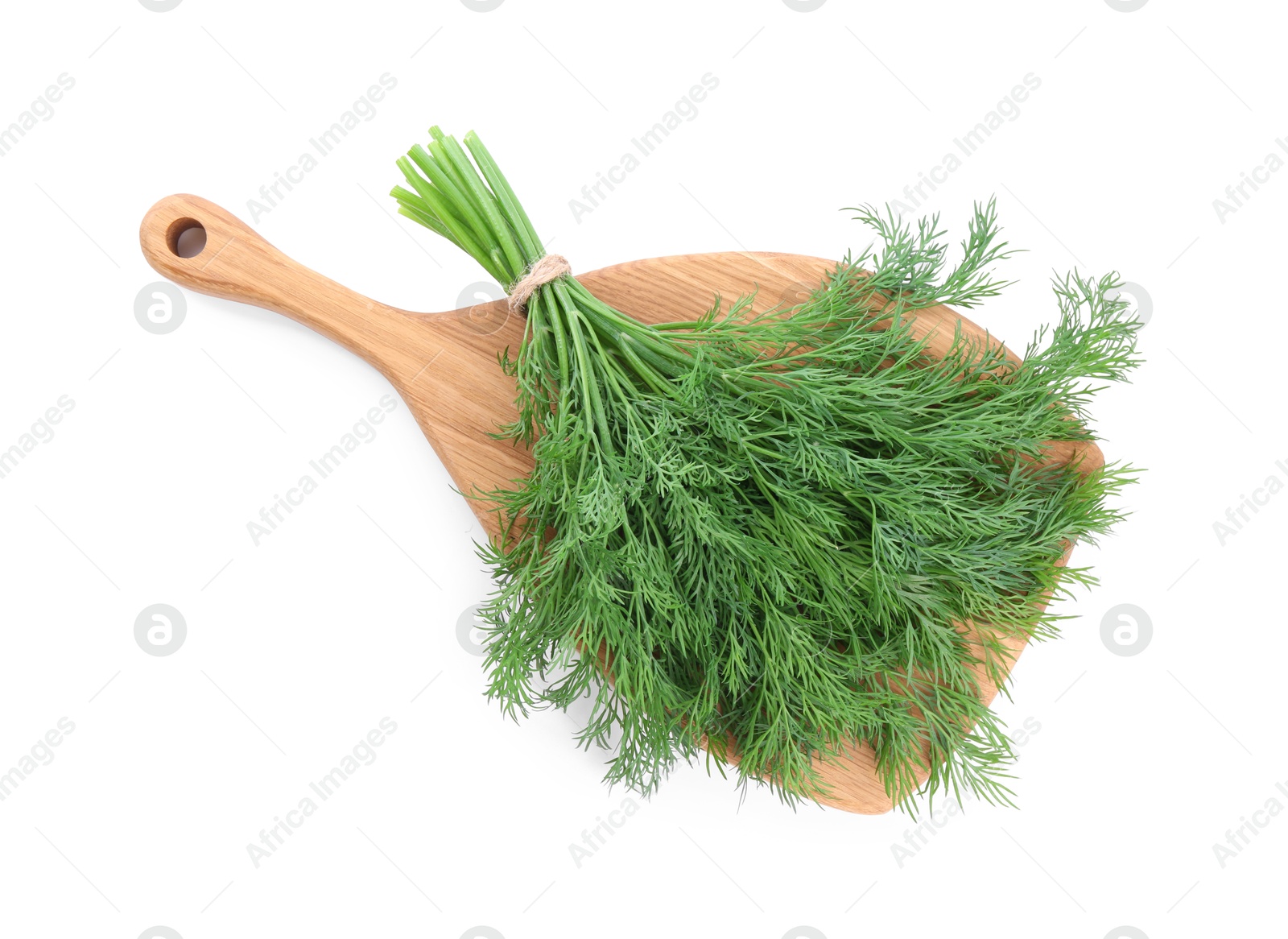 Photo of Board with fresh green dill isolated on white, top view