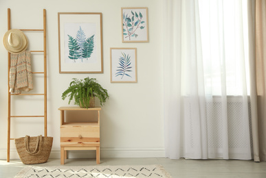 Photo of Beautiful paintings and plant at home. Idea for interior design