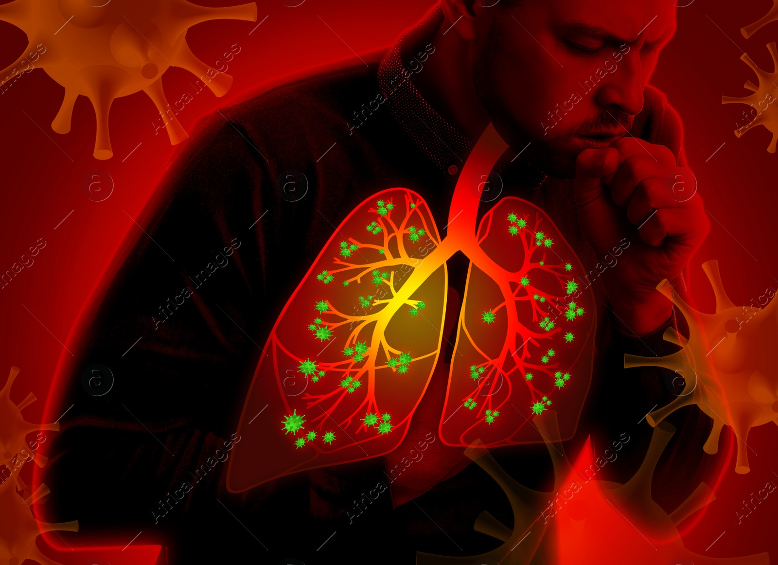 Image of Man with diseased lungs coughing on red background
