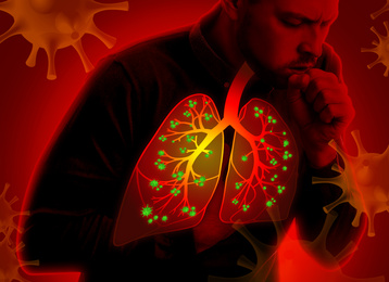 Image of Man with diseased lungs coughing on red background