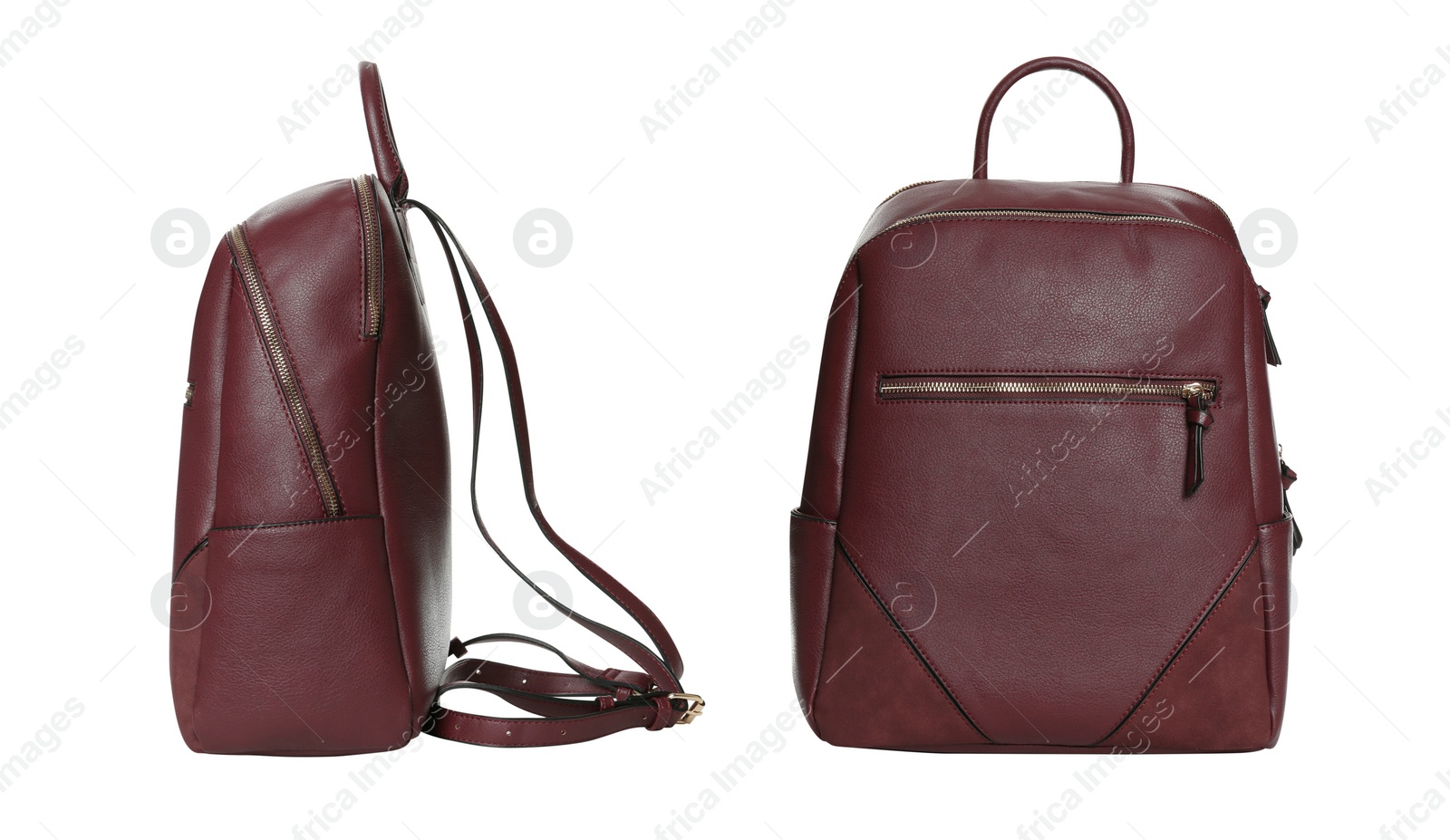 Image of Stylish leather backpacks on white background, collage