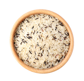 Photo of Mix of brown and polished rice in wooden bowl isolated on white, top view