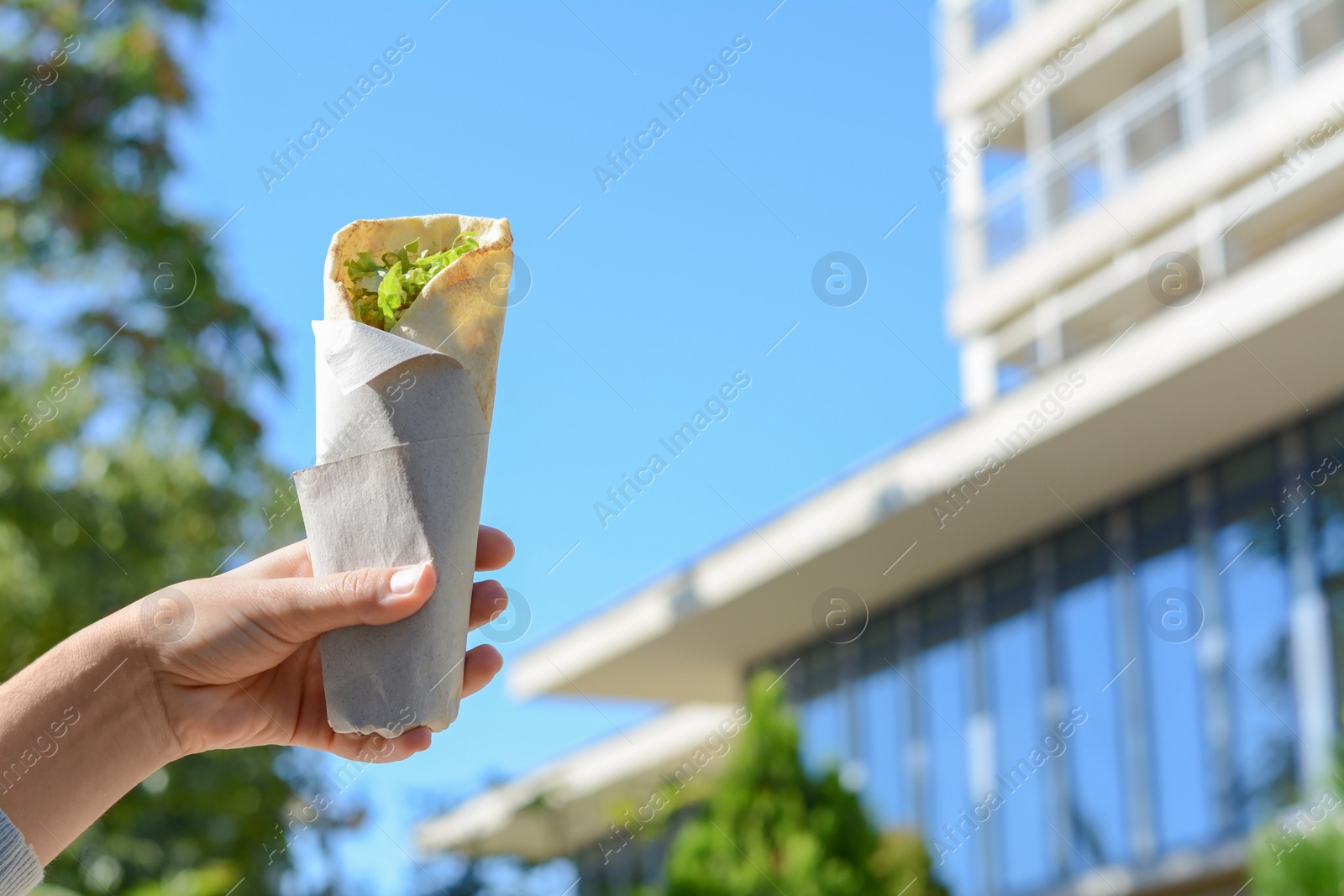 Photo of Woman holding delicious vegetable roll outdoors, closeup. Space for text