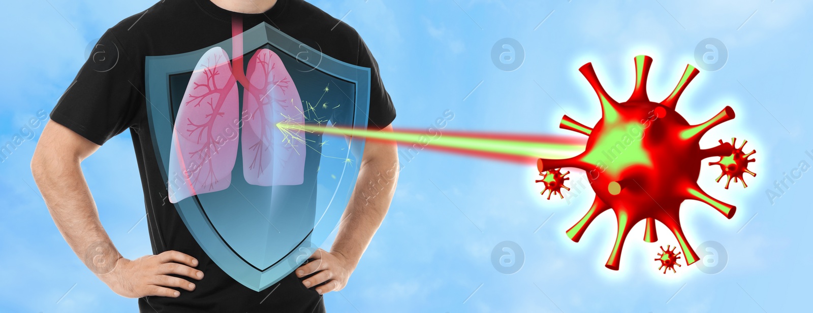 Image of Virus affecting man. Human lungs protected by strong immune system shield