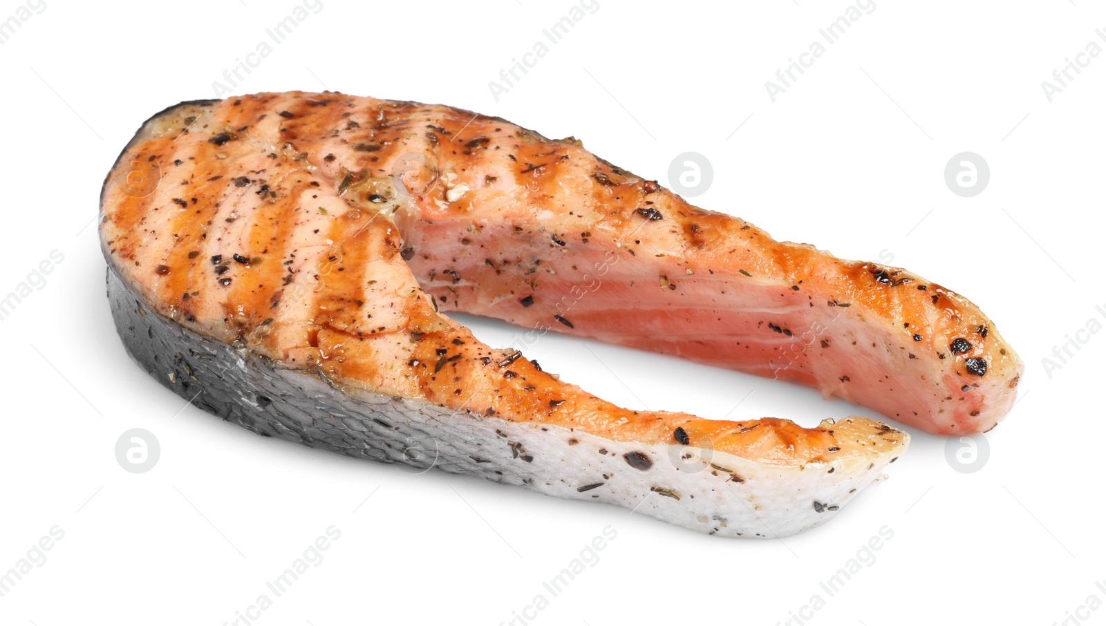 Photo of Tasty cooked salmon steak isolated on white