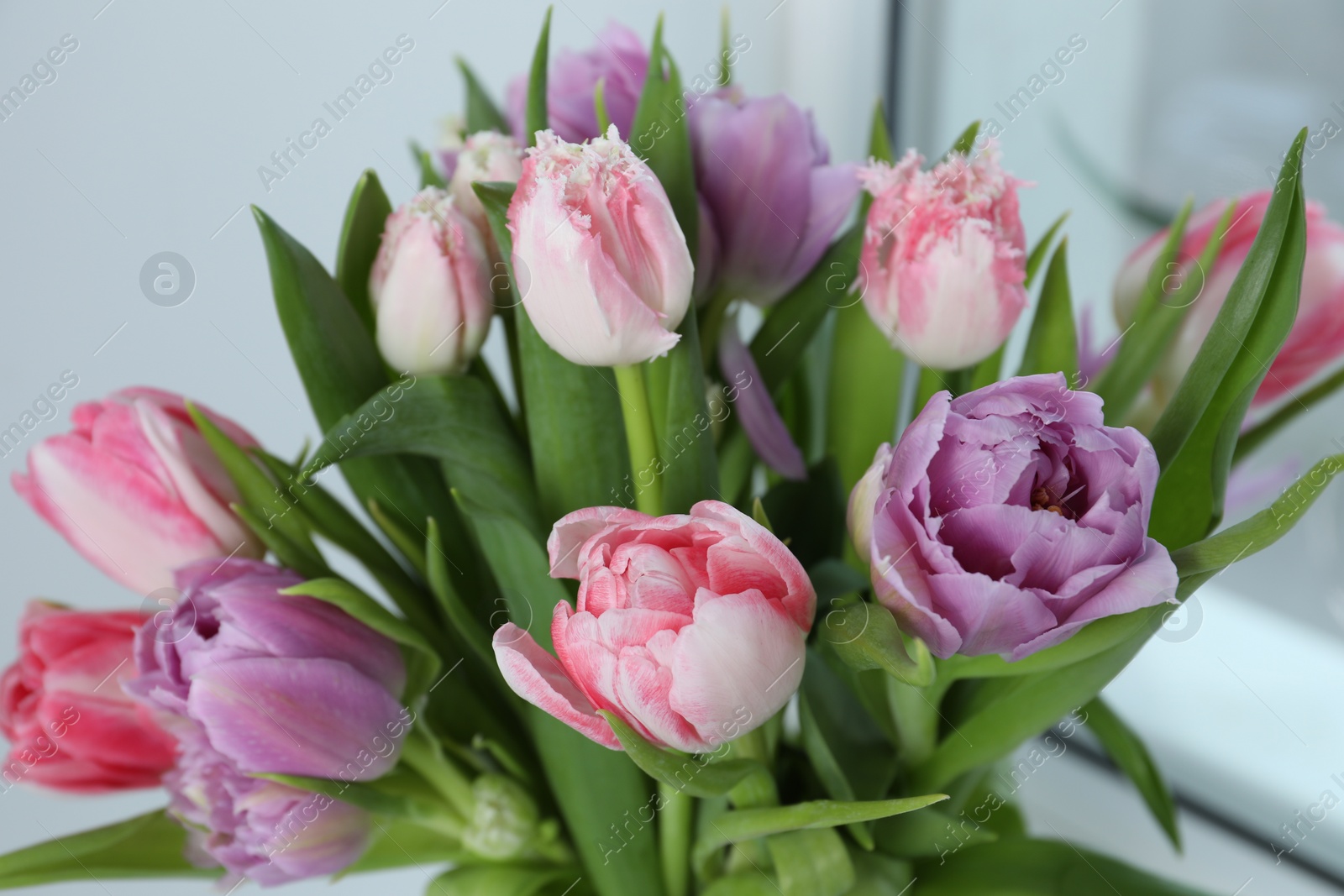 Photo of Beautiful bouquet of colorful tulip flowers indoors, closeup