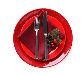 Photo of Elegant Christmas table setting on white background, top view