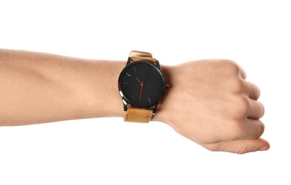 Photo of Man with stylish wrist watch on white background, closeup. Time management