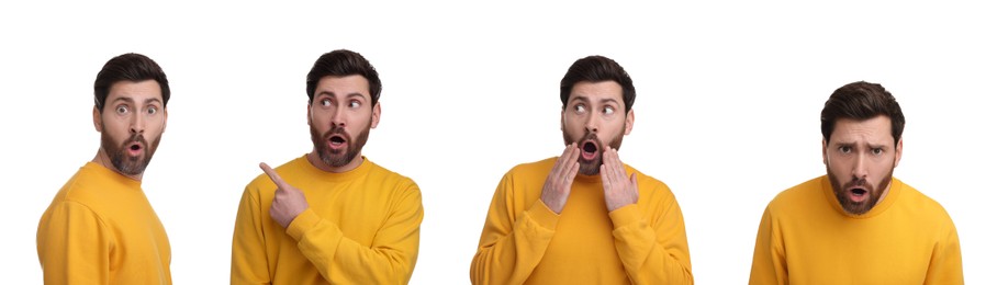 Image of Surprised man on white background, collage of photos