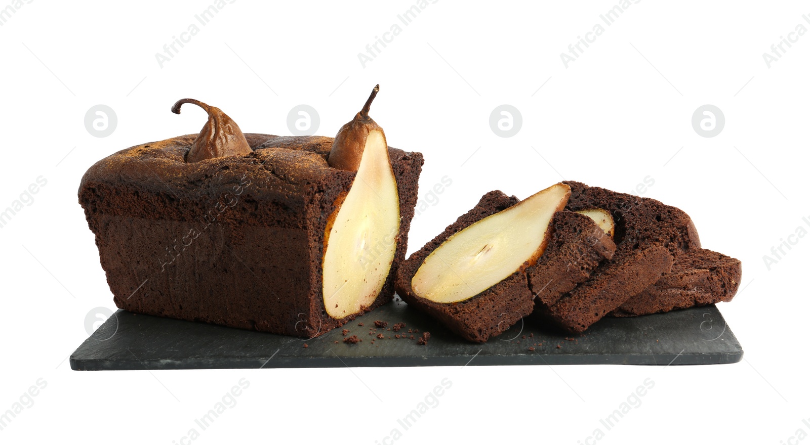 Photo of Tasty pear bread isolated on white. Homemade cake