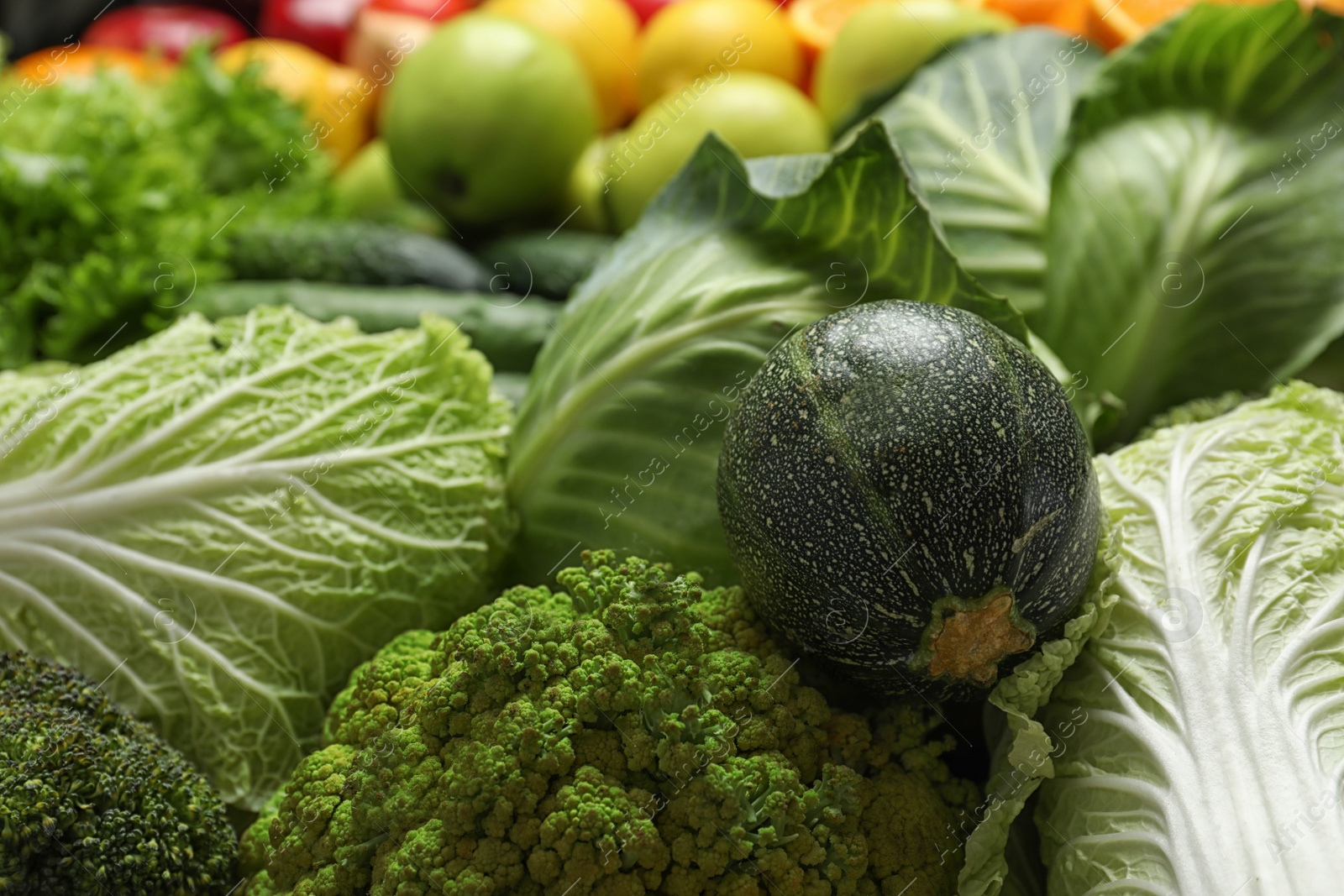 Photo of Colorful ripe fruits and vegetables as background, closeup