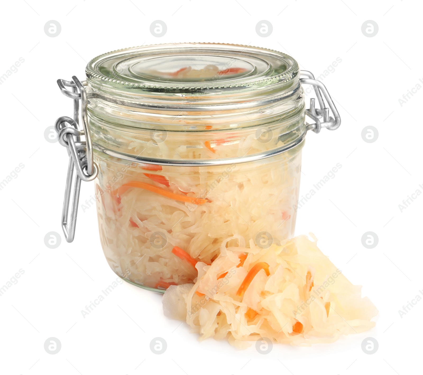 Photo of Glass jar of tasty fermented cabbage with carrot on white background