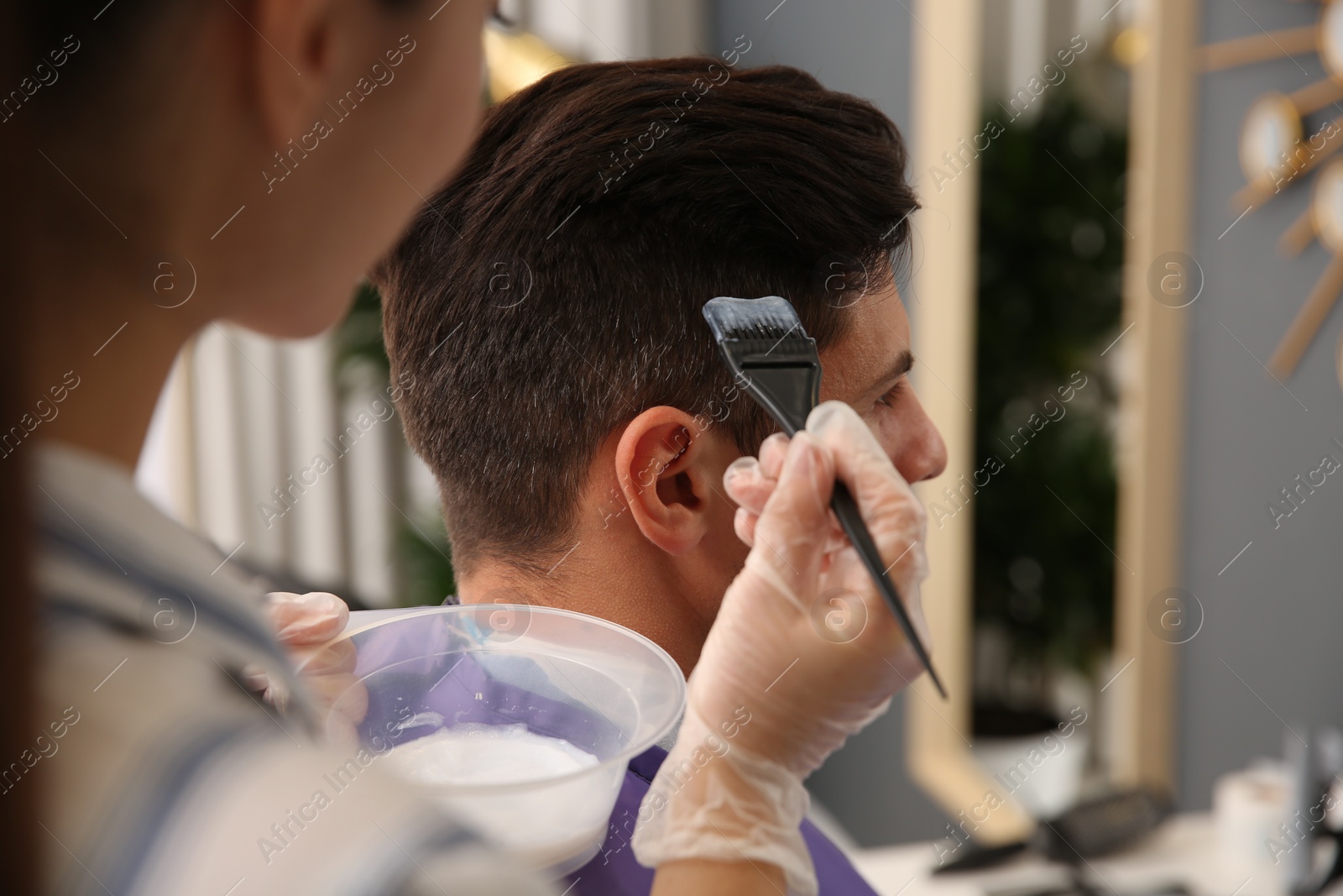 Photo of Professional hairdresser dying hair in beauty salon, closeup