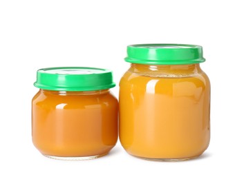 Baby food. Different healthy puree in jars isolated on white