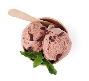 Photo of Paper cup with tasty chocolate ice cream, stick and mint leaves isolated on white, top view