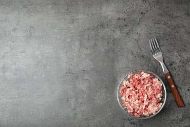 Photo of Bowl with minced meat, fork and space for text on grey background, top view