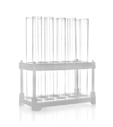 Photo of Holder with empty test tubes on white background. Laboratory glassware