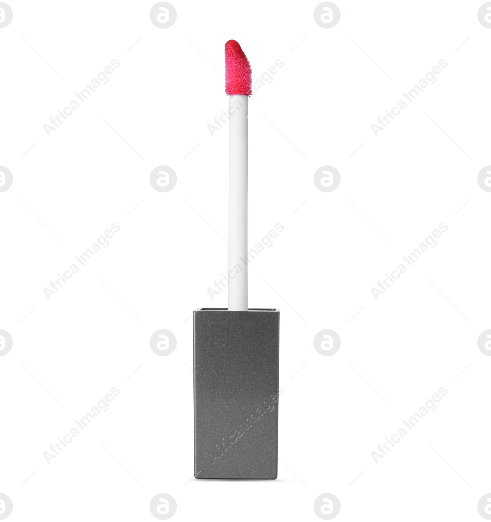 Photo of Brush of liquid lipstick isolated on white. Makeup product