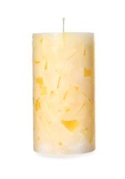 Photo of Scented color wax candle on white background