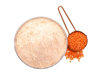 Lentil flour in bowl and seeds isolated on white, top view