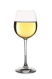 Glass of delicious expensive wine on white background