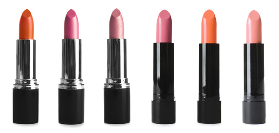 Image of Set with different lipsticks on white background