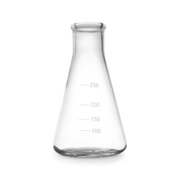 Empty conical flask on white background. Laboratory glassware